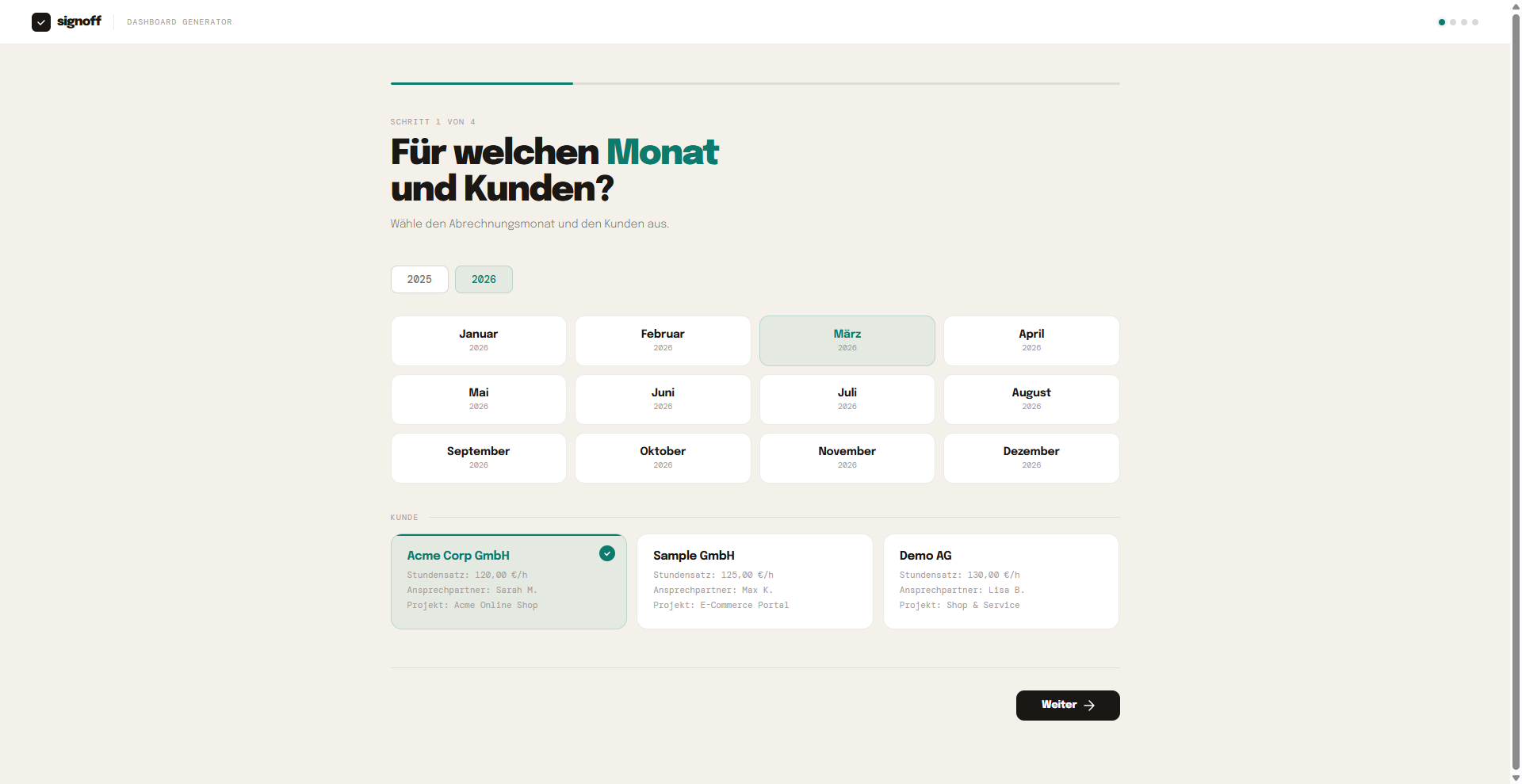 Signoff - Monat und Kunde wählen