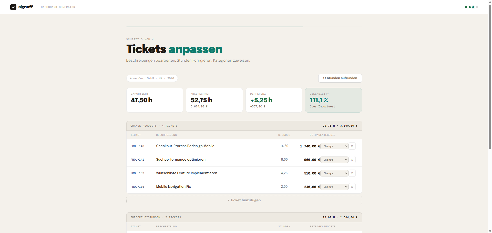 Signoff - Tickets anpassen